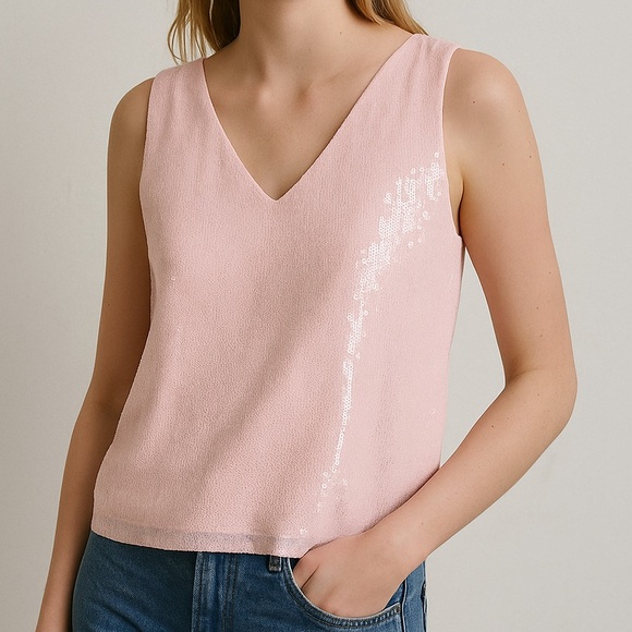 J. Crew Pink Sequin Sleeveless V-Neck Top Medium Dressy Party Blouse - Picture 1 of 7